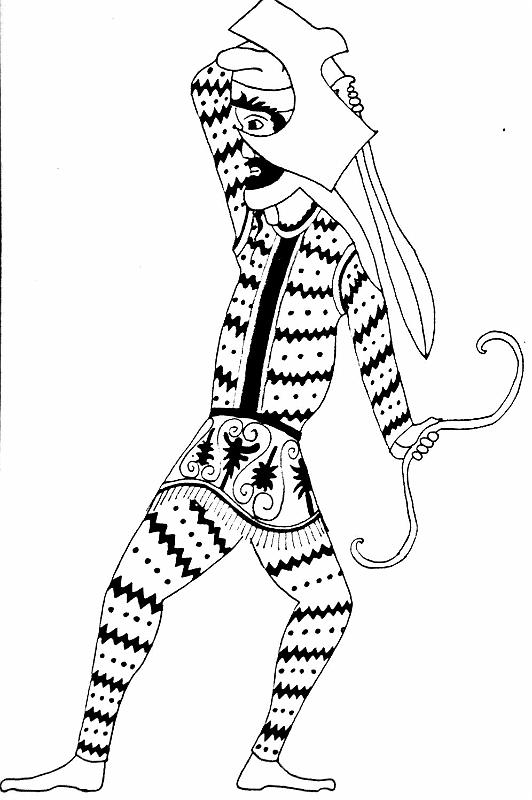 Griechische Rezeption (rf Oin)T27A1.jpg - Die Rezeption von Persern in der griechischen Vasenmalerei ist zurecht umstritten. Allgemein kann höchstens von 'Asiaten' gesprochen werden, da das persische Großreich durch viele verschiedenartig gekleidete Völker repräsentiert wurde. Auch waren den griechischen Vasenmalern die fremdartigen Bekleidungsstücke eher unbekannt. Oft genügte eine bunte und andersartige Darstellung, um 'Perser'  zu zeigen. Überlagert wird dies durch mythisch verklärte Bearbeitungen des Amazonenkampf-Themas.Von den vielen griechischen Darstellungen lassen sich vorerst nur wenige konkret mit der medischen Reitertracht in Verbindung bringen. Auch sie zeigen trotz großer Nähe noch leichte Mißdeutungen, so etwa hier die ärmellose Sarapis, unter der die Ärmel des Hosenanzugs Anaxyrides hervorschauen.  